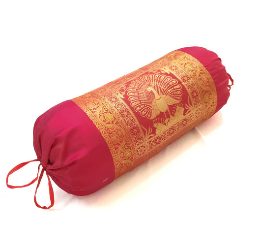 30x15 Inch Red Bolster Cover Indian Woven Zari Brocade Banarasi Silk Elephant