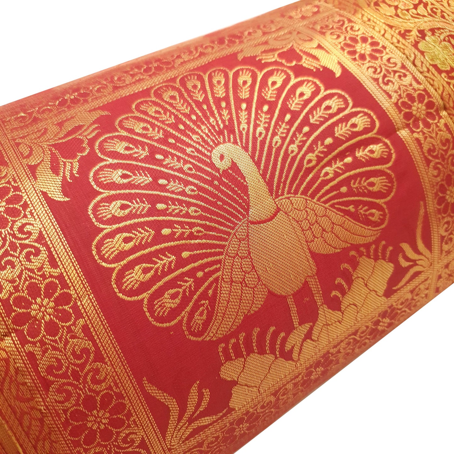 30x15 Inch Red Bolster Cover Indian Woven Zari Brocade Banarasi Silk Elephant