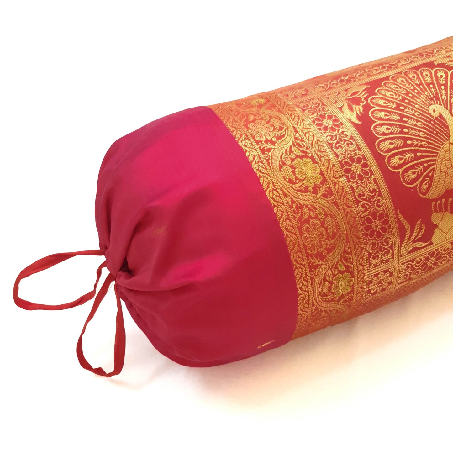 30x15 Inch Red Bolster Cover Indian Woven Zari Brocade Banarasi Silk Elephant