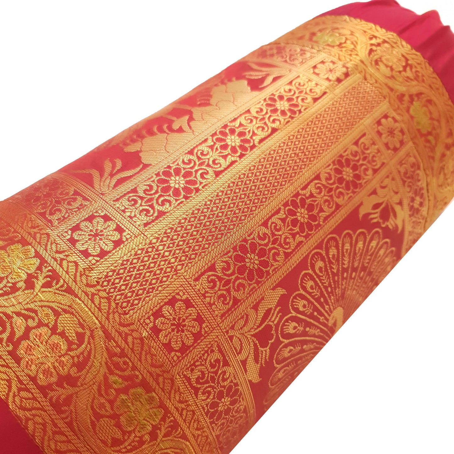 30x15 Inch Red Bolster Cover Indian Woven Zari Brocade Banarasi Silk Elephant