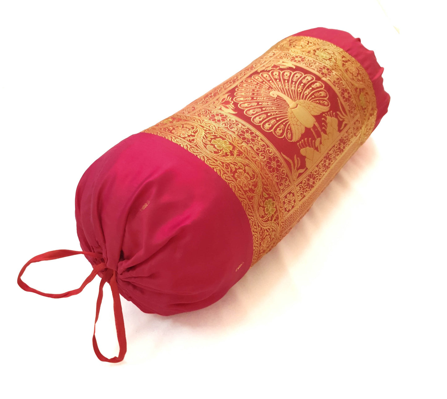 30x15 Inch Red Bolster Cover Indian Woven Zari Brocade Banarasi Silk Elephant