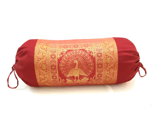 30x15 Inch Maroon Bolster Cover Peacock Woven Zari Brocade Banarasi Silk Decor