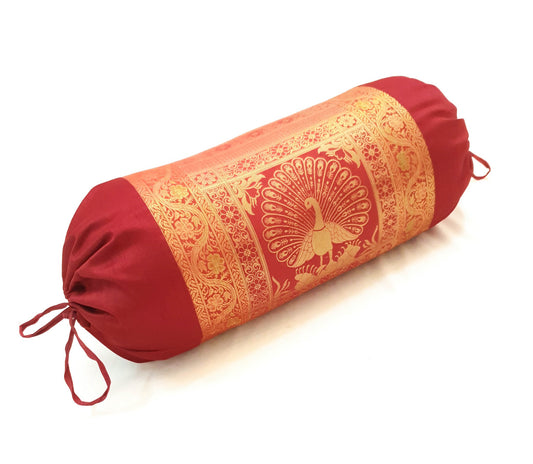 30x15 Inch Maroon Bolster Cover Peacock Woven Zari Brocade Banarasi Silk Decor