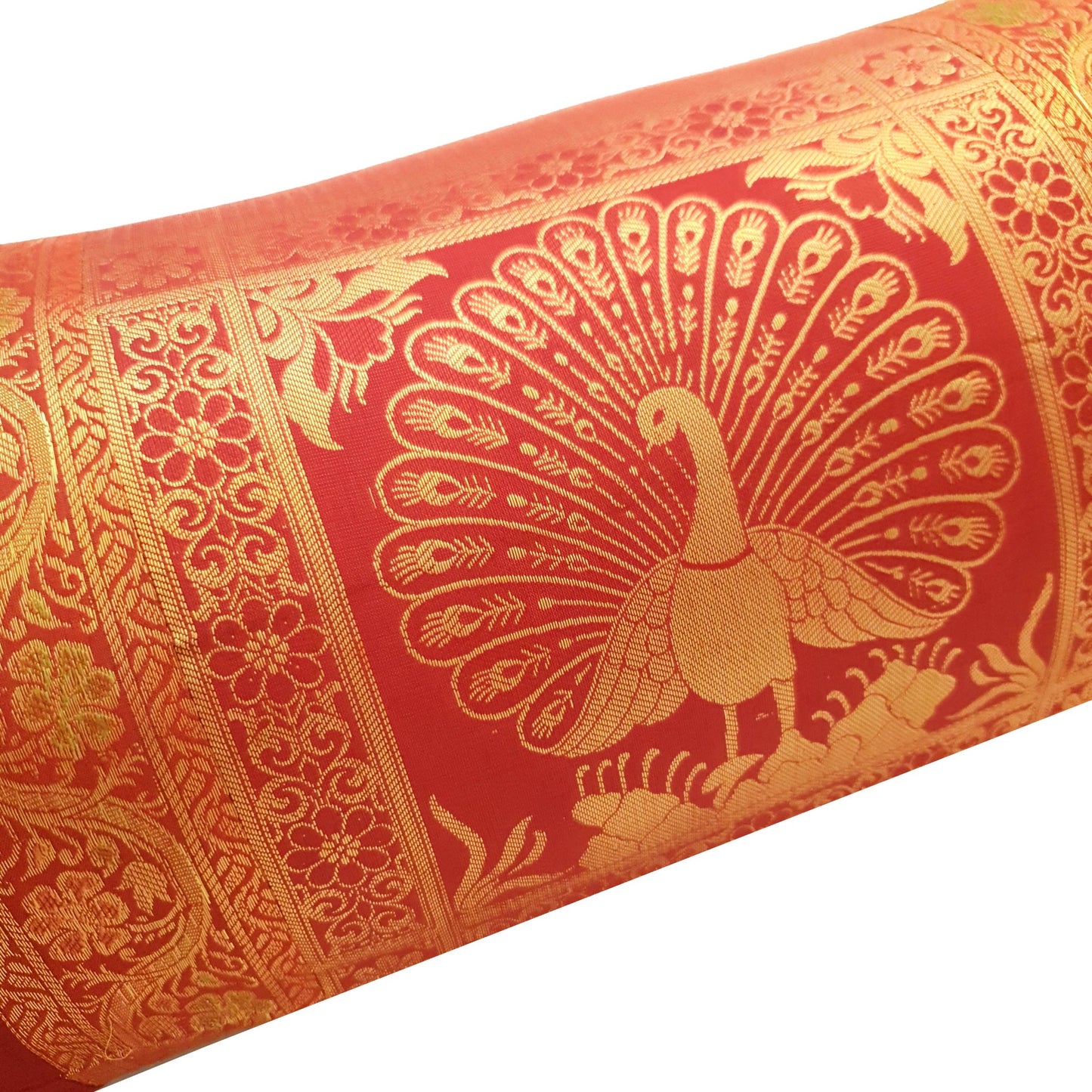 30x15 Inch Maroon Bolster Cover Peacock Woven Zari Brocade Banarasi Silk Decor