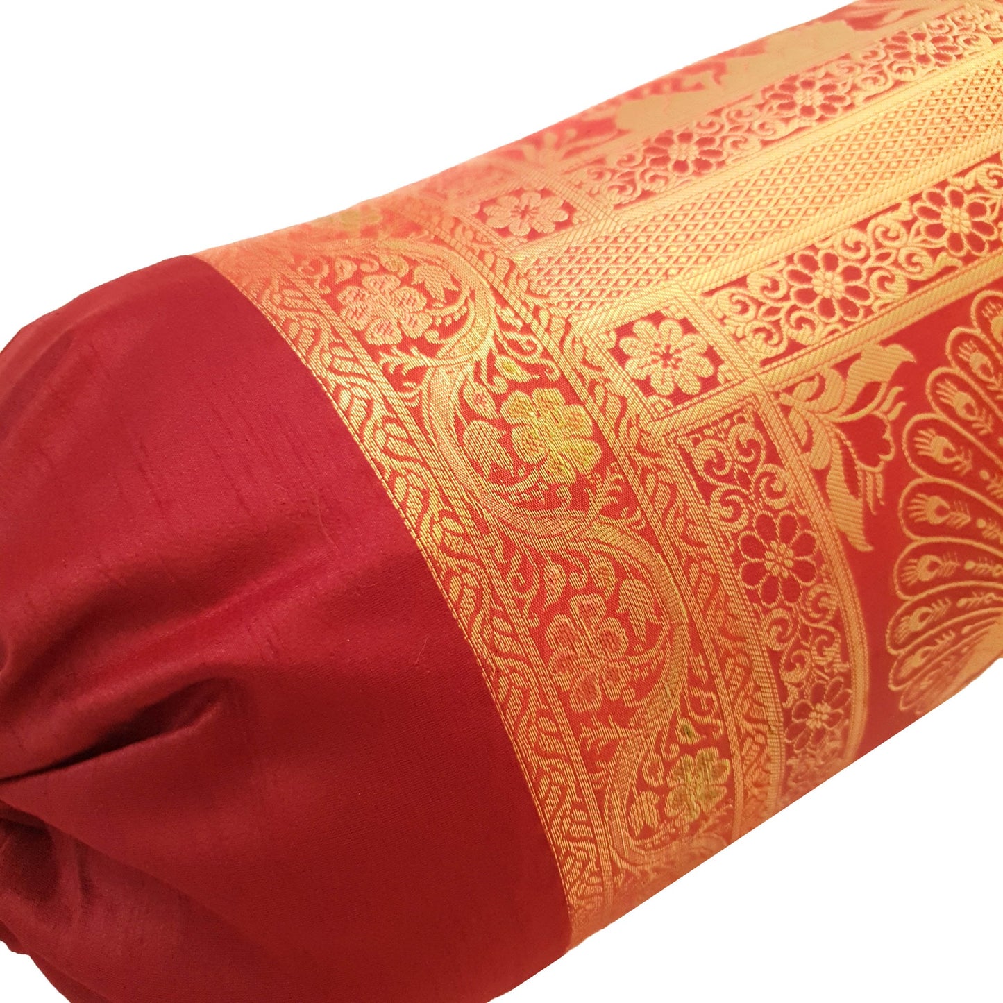 30x15 Inch Maroon Bolster Cover Peacock Woven Zari Brocade Banarasi Silk Decor