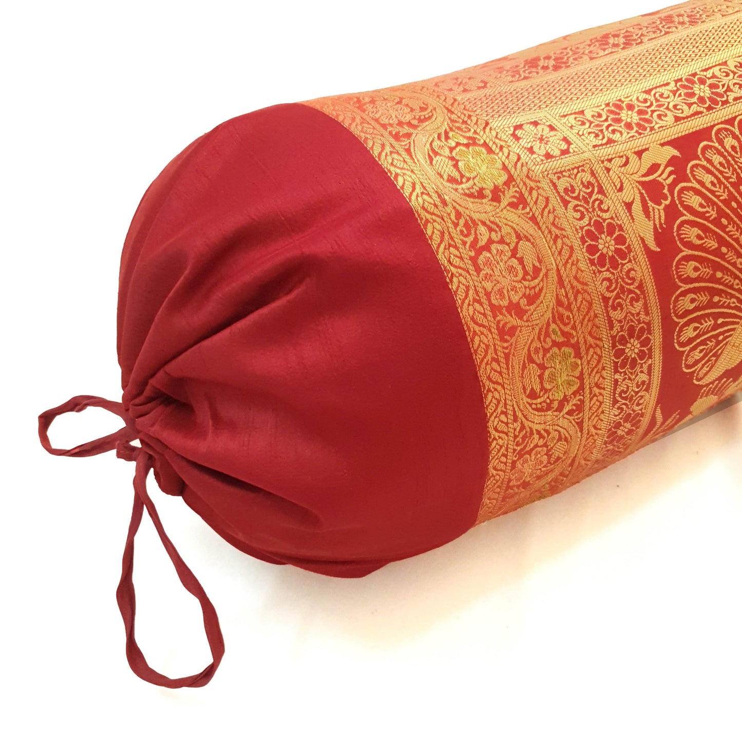 30x15 Inch Maroon Bolster Cover Peacock Woven Zari Brocade Banarasi Silk Decor