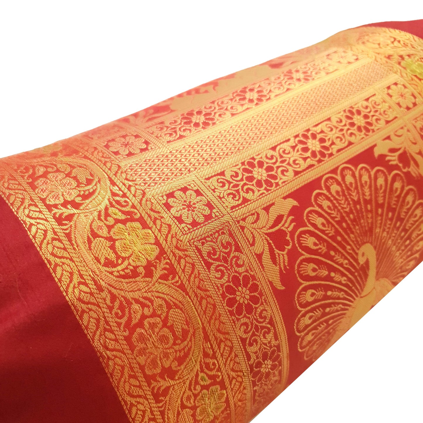 30x15 Inch Maroon Bolster Cover Peacock Woven Zari Brocade Banarasi Silk Decor