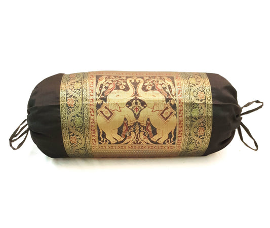 30x15 Inch Bolster Cover Elephant Woven Zari Brocade Banarasi Silk Decor Black