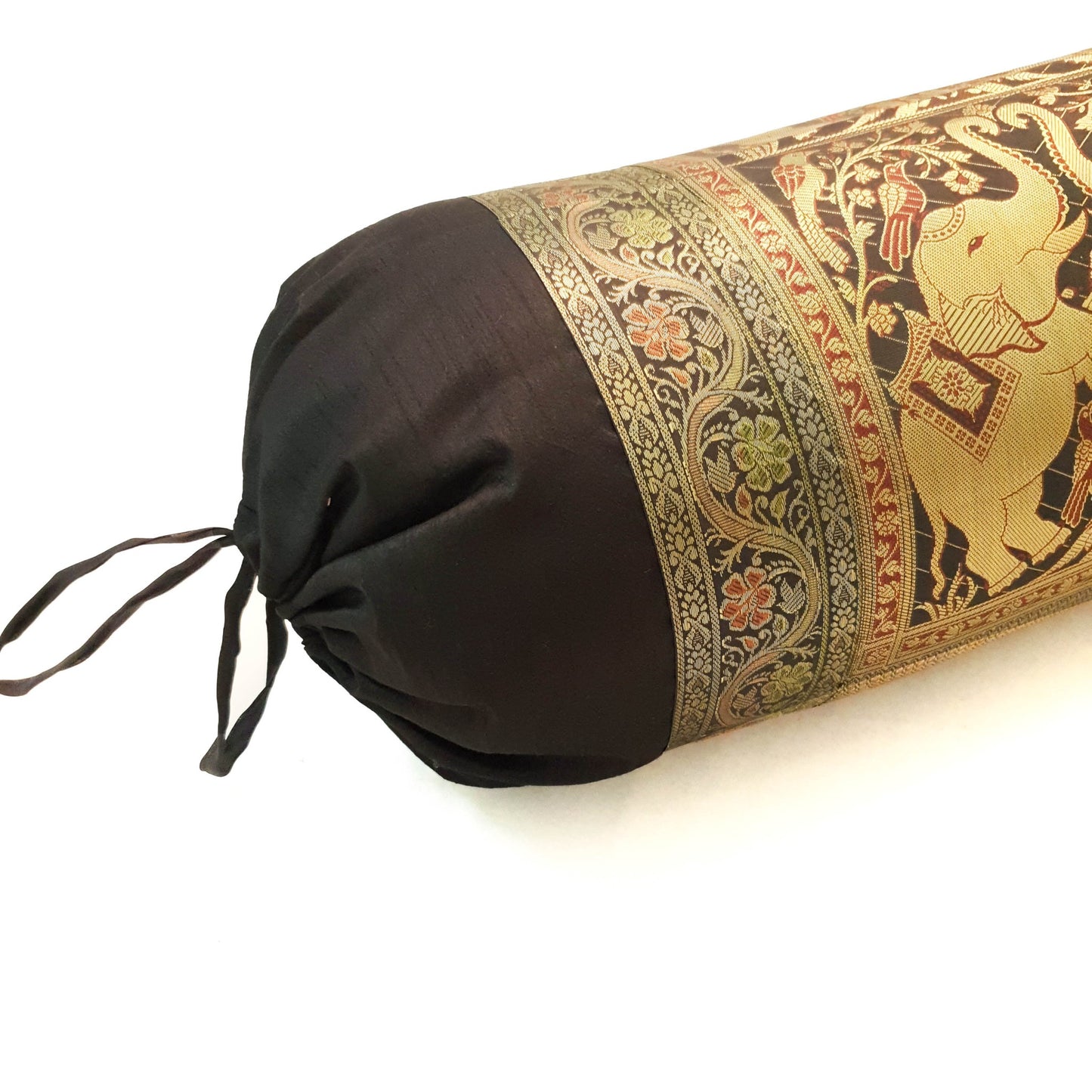 30x15 Inch Bolster Cover Elephant Woven Zari Brocade Banarasi Silk Decor Black