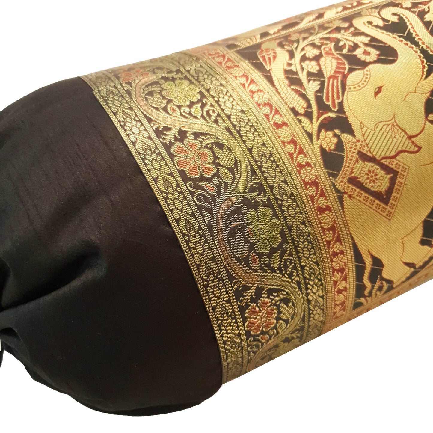 30x15 Inch Bolster Cover Elephant Woven Zari Brocade Banarasi Silk Decor Black
