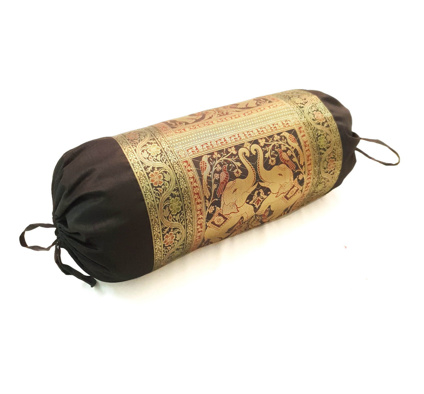 30x15 Inch Bolster Cover Elephant Woven Zari Brocade Banarasi Silk Decor Black