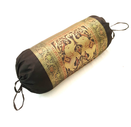 30x15 Inch Bolster Cover Elephant Woven Zari Brocade Banarasi Silk Decor Black