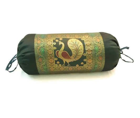 30x15 Inch Bolster Cover Bottle Green Peacock Woven Zari Brocade Banarasi Silk