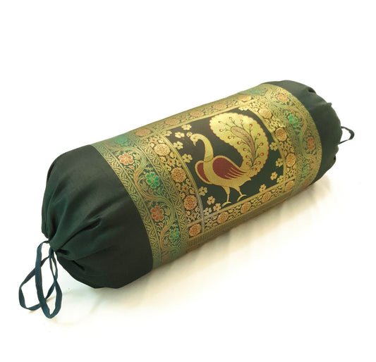 30x15 Inch Bolster Cover Bottle Green Peacock Woven Zari Brocade Banarasi Silk