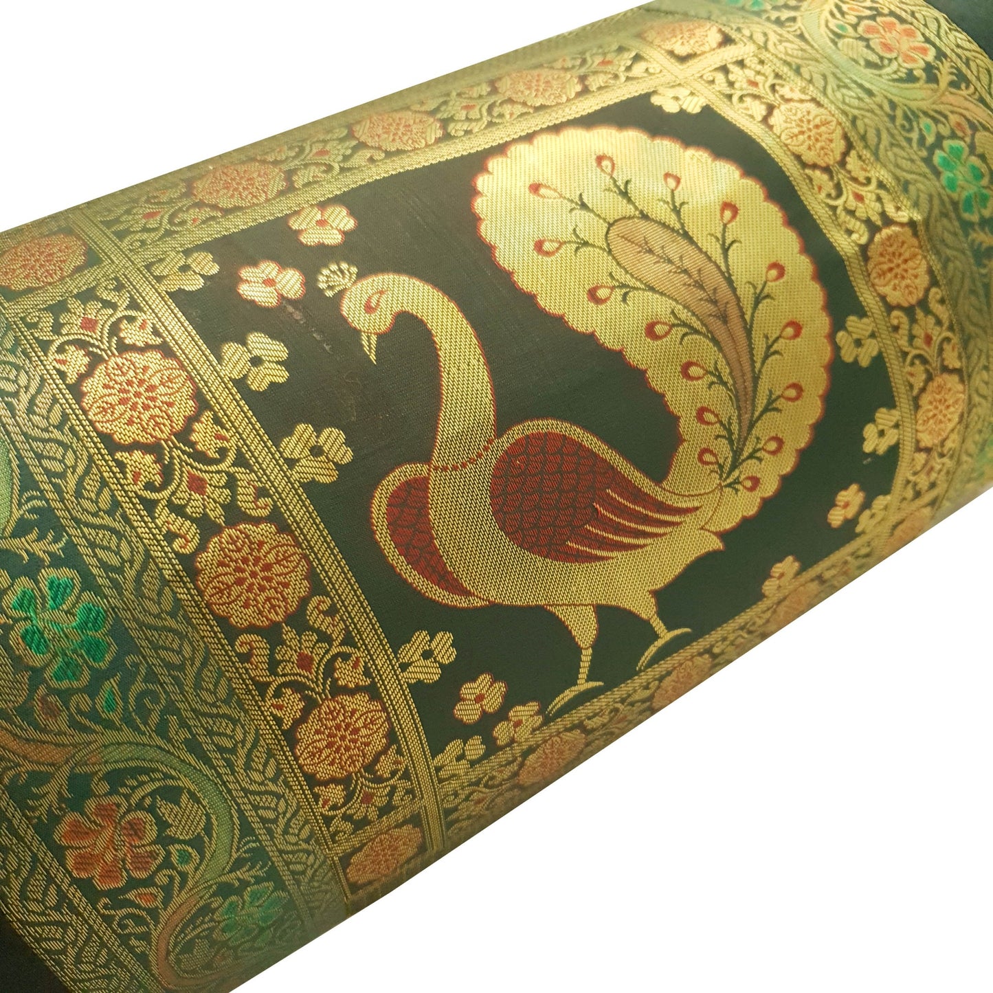 30x15 Inch Bolster Cover Bottle Green Peacock Woven Zari Brocade Banarasi Silk