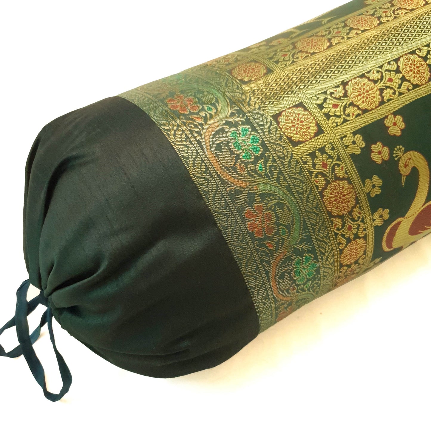 30x15 Inch Bolster Cover Bottle Green Peacock Woven Zari Brocade Banarasi Silk