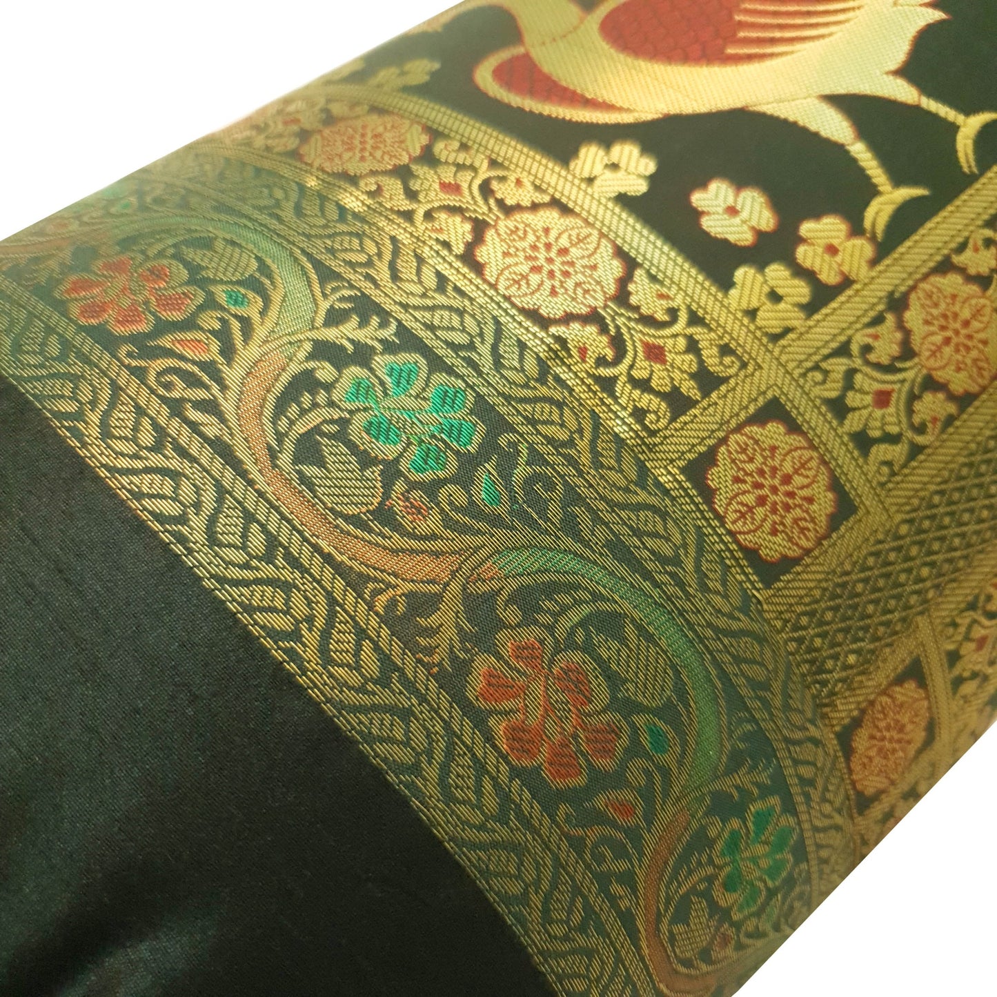30x15 Inch Bolster Cover Bottle Green Peacock Woven Zari Brocade Banarasi Silk