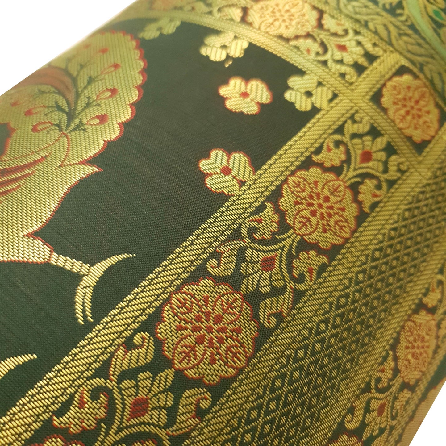 30x15 Inch Bolster Cover Bottle Green Peacock Woven Zari Brocade Banarasi Silk