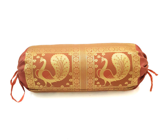 30x15 Inch Bolster Cover Home Decor Peacock Woven Zari Brocade Banarasi Silk
