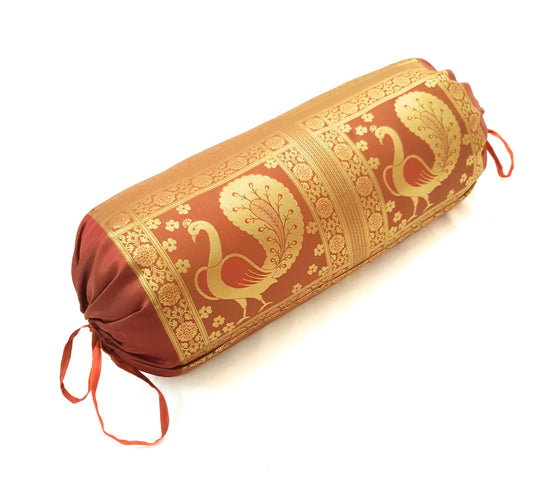 30x15 Inch Bolster Cover Home Decor Peacock Woven Zari Brocade Banarasi Silk