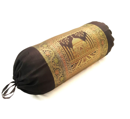 30x15 Inch Bolster Cover Decor Black Taj Mahal Woven Zari Brocade Banarasi Silk