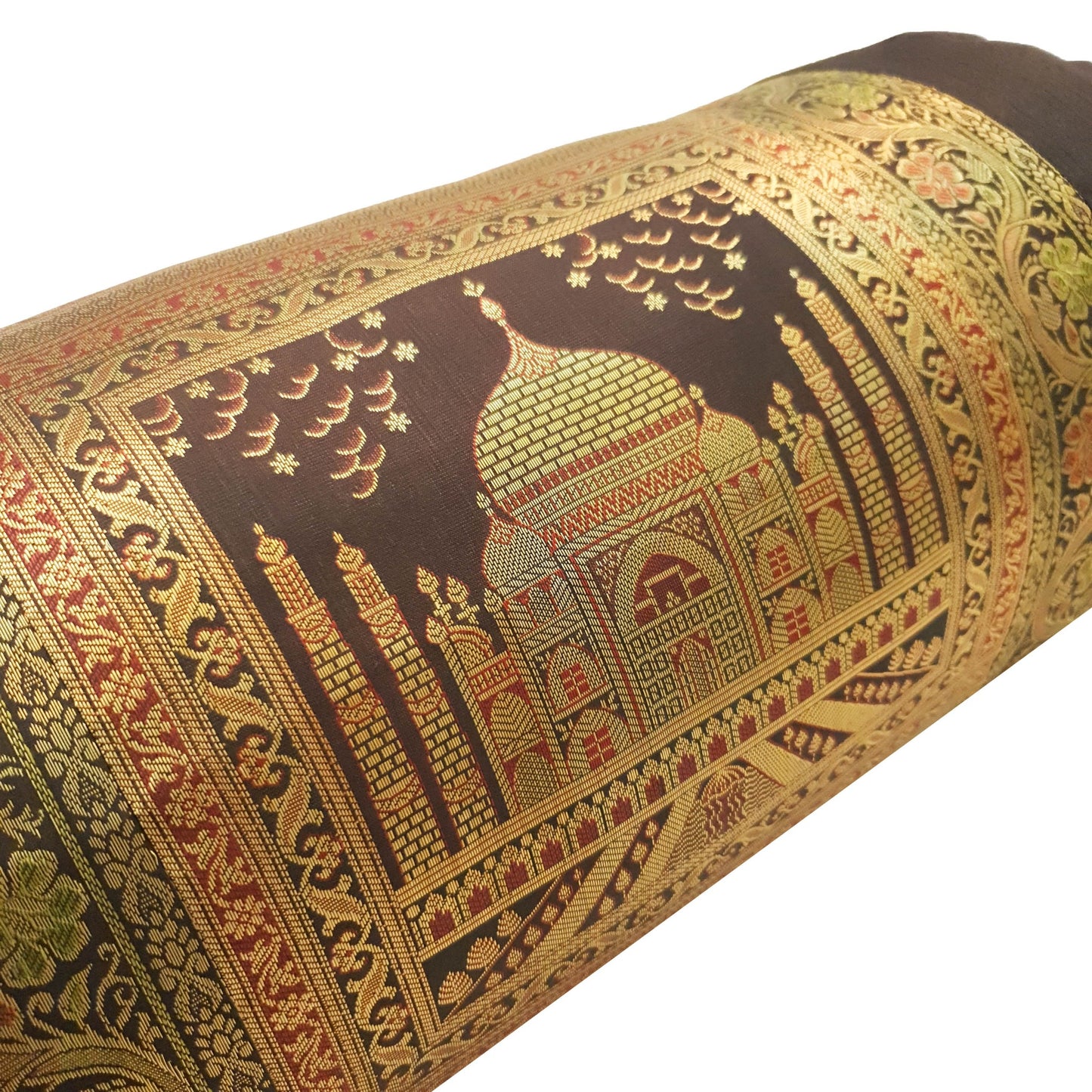30x15 Inch Bolster Cover Decor Black Taj Mahal Woven Zari Brocade Banarasi Silk