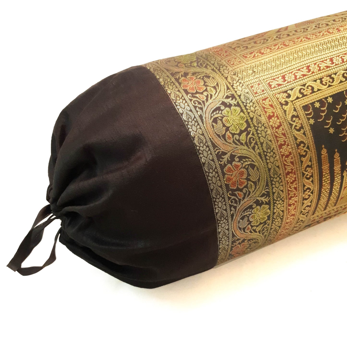 30x15 Inch Bolster Cover Decor Black Taj Mahal Woven Zari Brocade Banarasi Silk