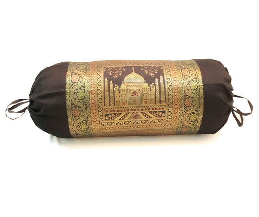 30x15 Inch Bolster Cover Decor Black Taj Mahal Woven Zari Brocade Banarasi Silk