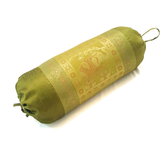 30x15 Inch Bolster Cover Decor Elephant Green Woven Zari Brocade Banarasi Silk