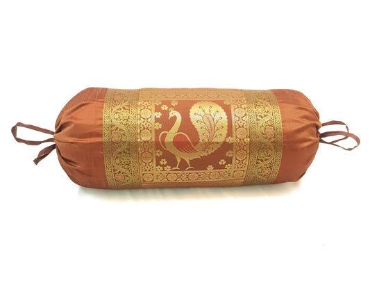 30x15 Inch Brown Bolster Cover Decor Peacock Woven Zari Brocade Banarasi Silk