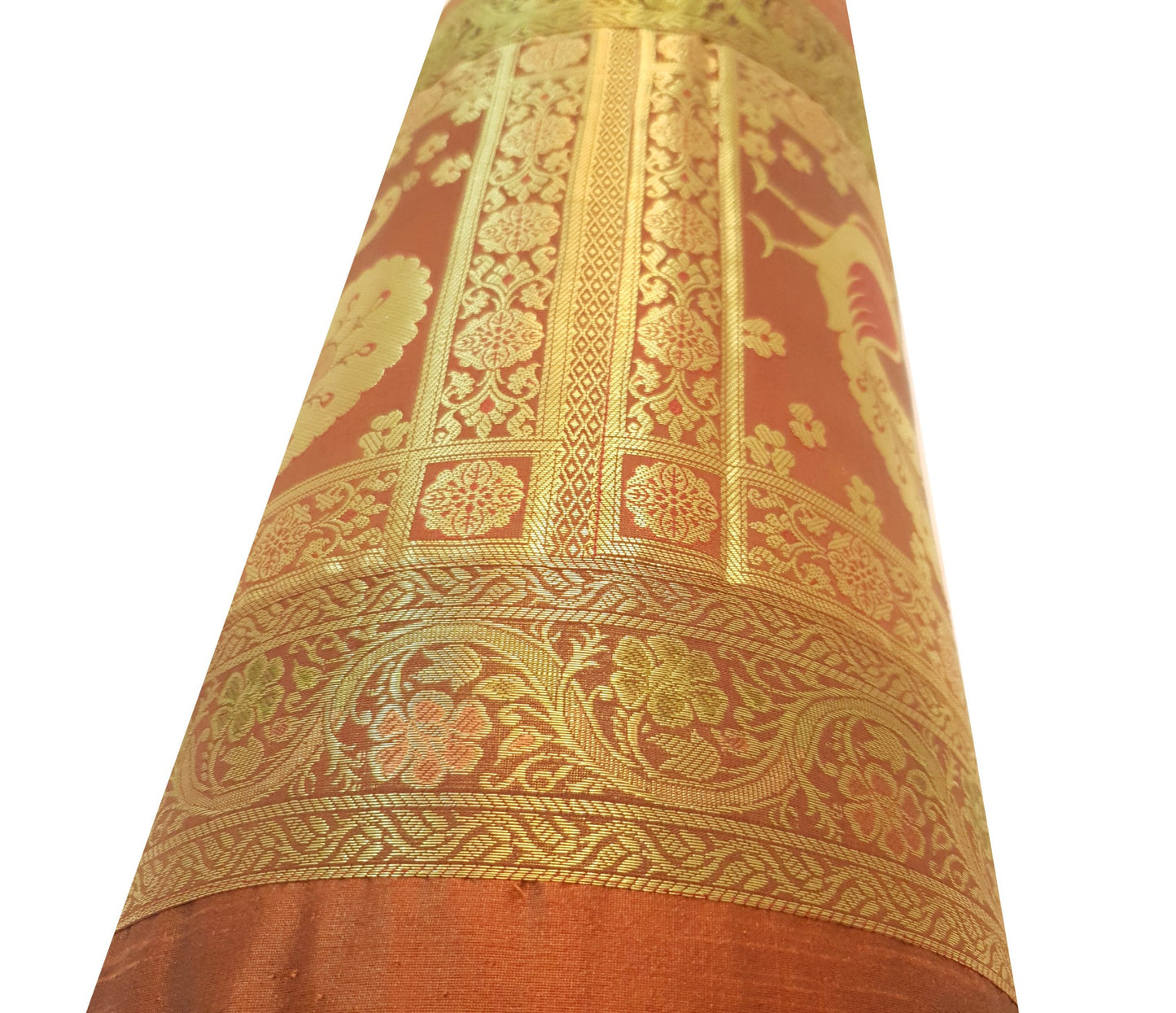 30x15 Inch Brown Bolster Cover Decor Peacock Woven Zari Brocade Banarasi Silk