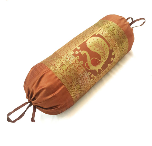 30x15 Inch Brown Bolster Cover Decor Peacock Woven Zari Brocade Banarasi Silk
