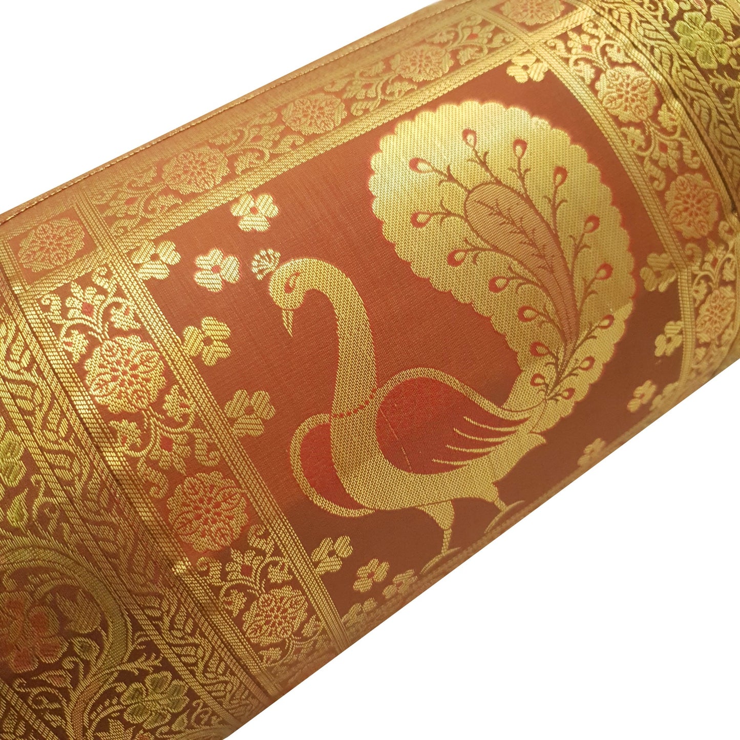 30x15 Inch Brown Bolster Cover Decor Peacock Woven Zari Brocade Banarasi Silk