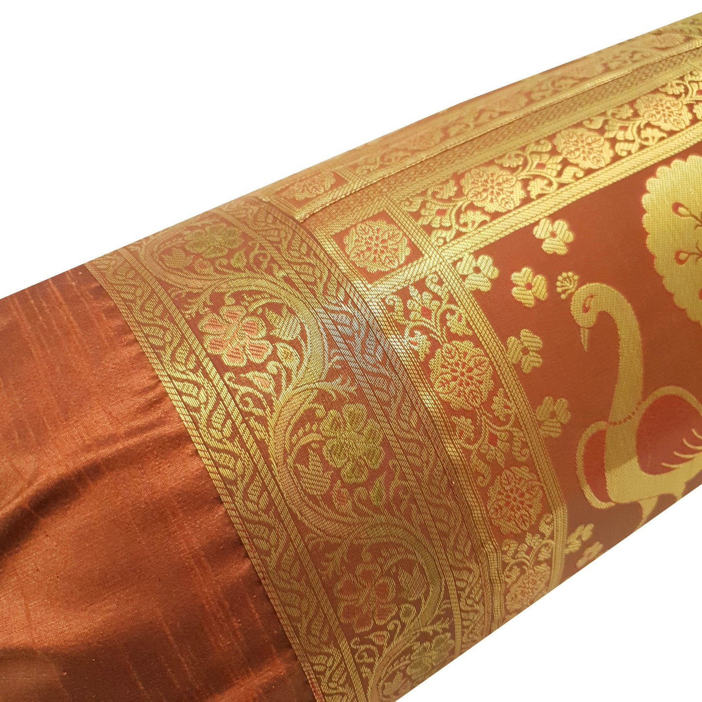 30x15 Inch Brown Bolster Cover Decor Peacock Woven Zari Brocade Banarasi Silk