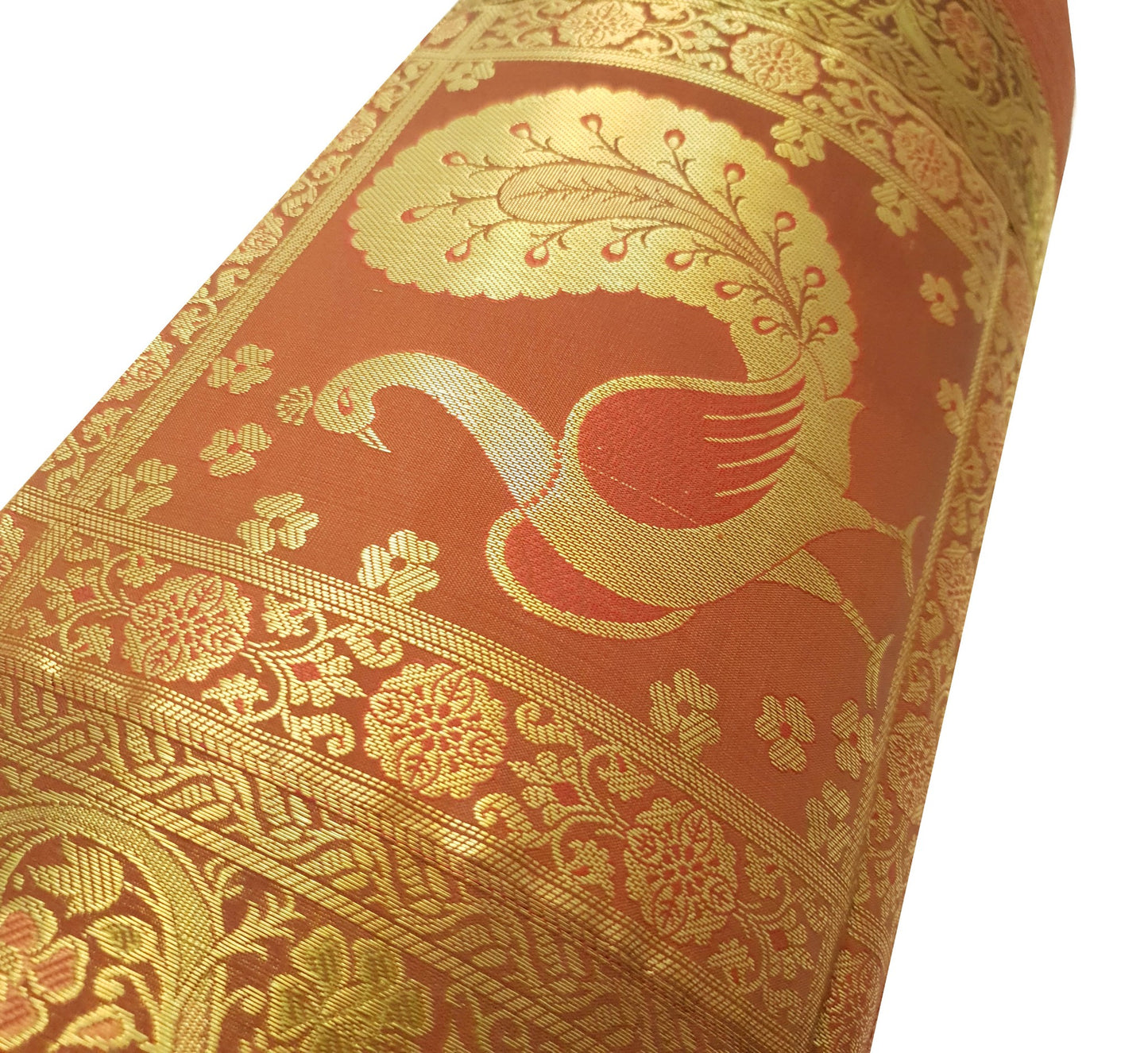 30x15 Inch Brown Bolster Cover Decor Peacock Woven Zari Brocade Banarasi Silk