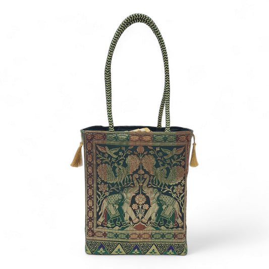 Green Handbag Indian Ethnic Elephant Woven Zari Brocade Fabric Shoulder Hand Bag