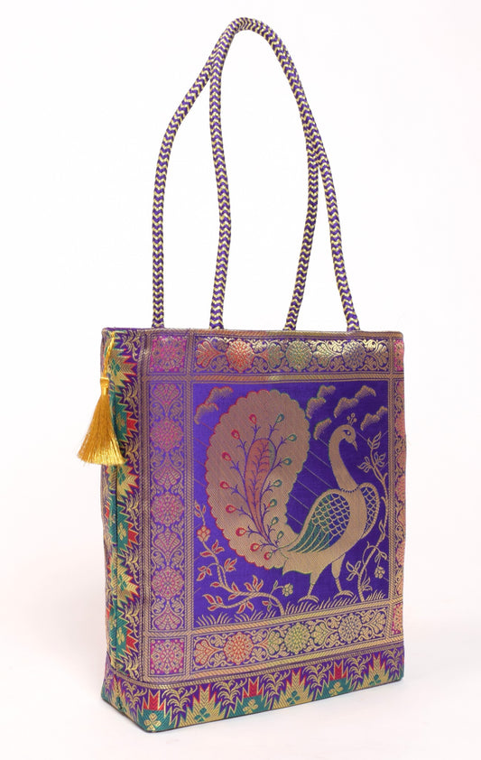 Purple Handbag Indian Ethnic Woven Peacock Zari Brocade Fabric Shoulder Hand Bag