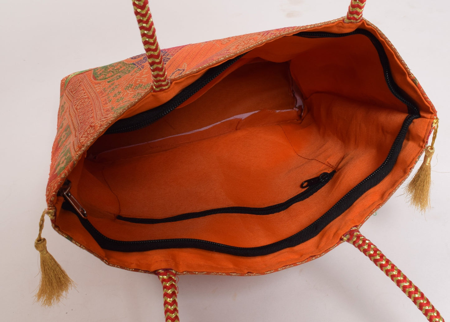 Orange Handbag Indian Ethnic Woven Zari Brocade Fabric Peacock Shoulder Hand Bag