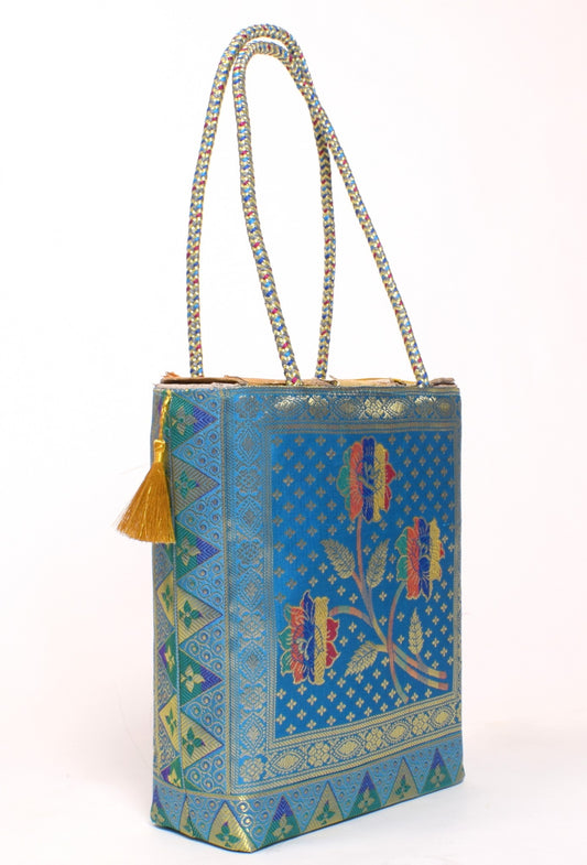 Turquoise Blue Handbag Indian Ethnic Woven Zari Brocade Floral Shoulder Hand Bag