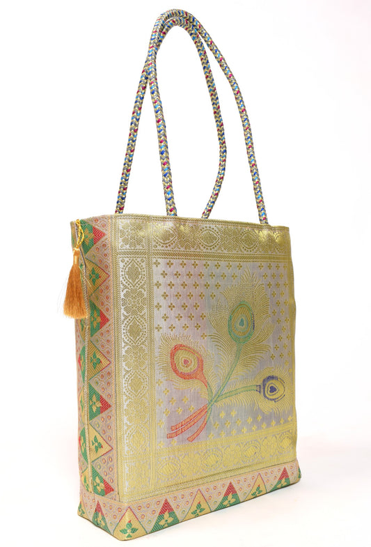 Indian Ethnic Handbag Morpankh Woven Zari Brocade Fabric Gray Shoulder Hand Bag