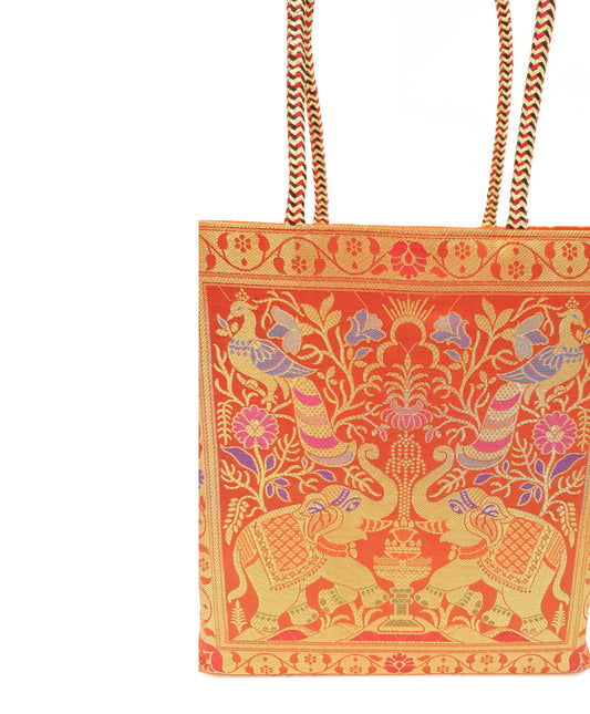 Orange Indian Handbag Ethnic Peacock Elephant Woven Zari Brocade Shoulder Bag