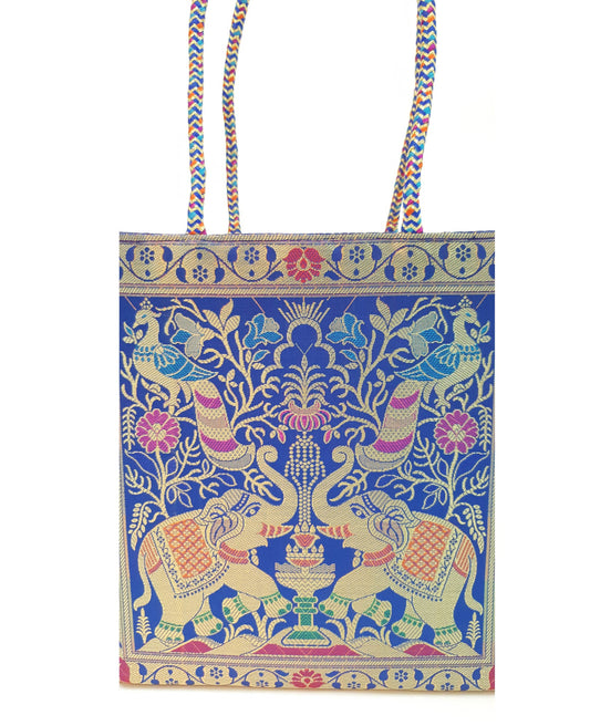 Blue Indian Handbag Ethnic Peacock Elephant Woven Zari Brocade Shoulder Hand Bag