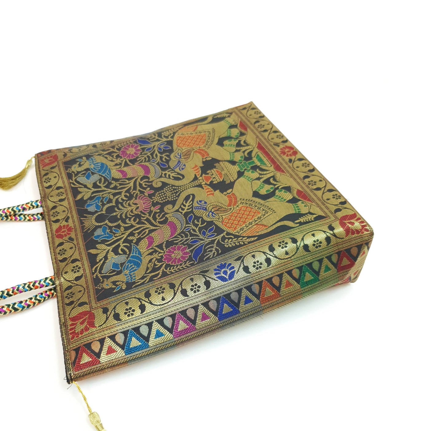 Black Indian Handbag Ethnic Peacock Elephant Woven Zari Brocade Shoulder Bag