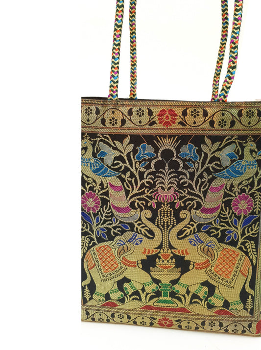 Black Indian Handbag Ethnic Peacock Elephant Woven Zari Brocade Shoulder Bag