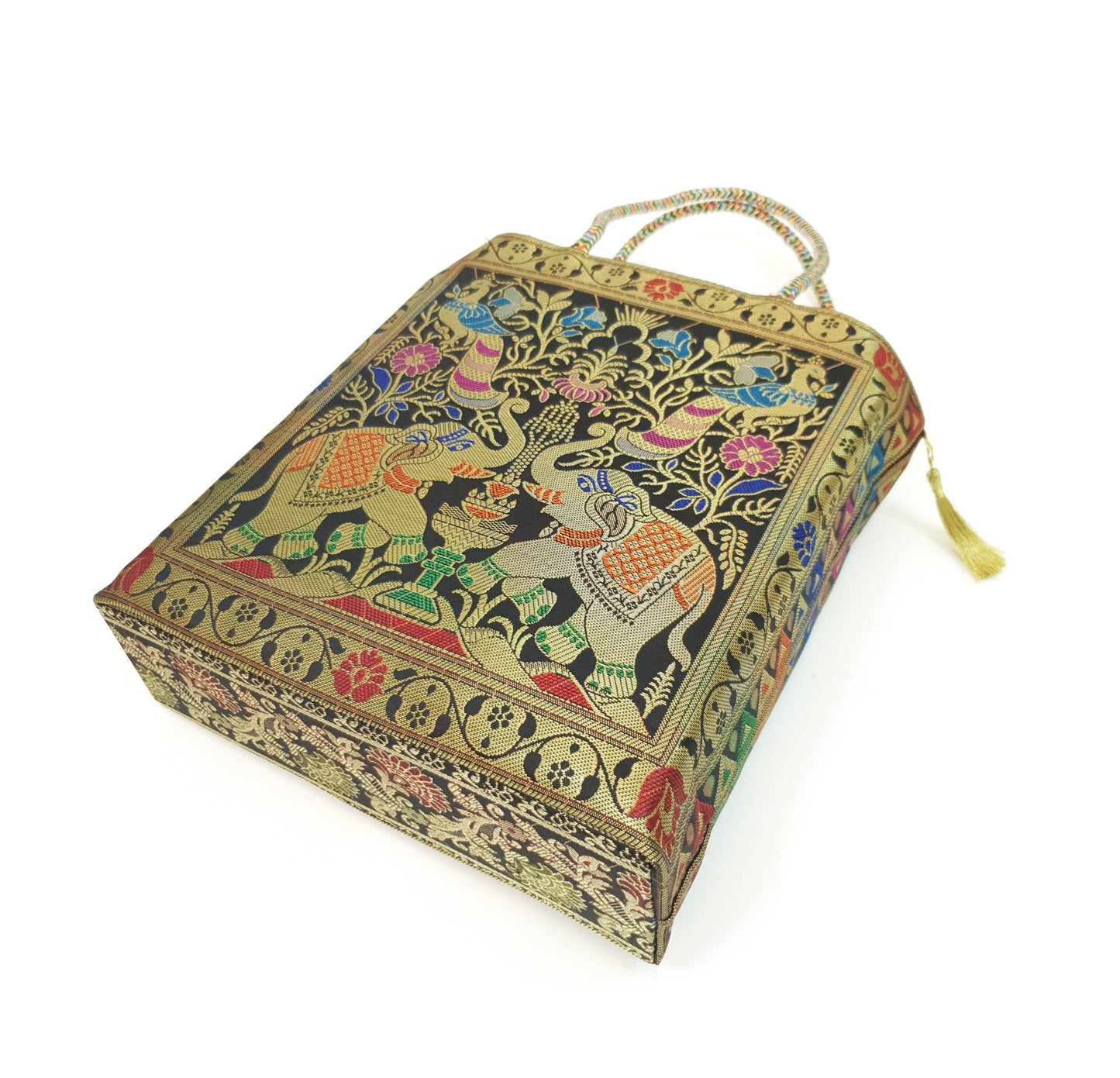 Black Indian Handbag Ethnic Peacock Elephant Woven Zari Brocade Shoulder Bag