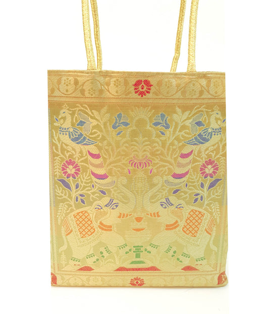 Beige Indian Handbag Ethnic Peacock Elephant Woven Zari Brocade Shoulder Bag