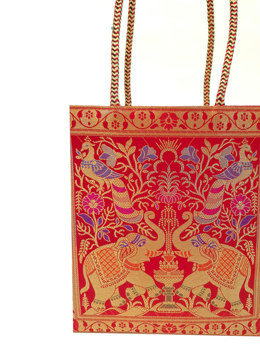 Red Indian Handbag Ethnic Peacock Elephant Woven Zari Brocade Shoulder Hand Bag