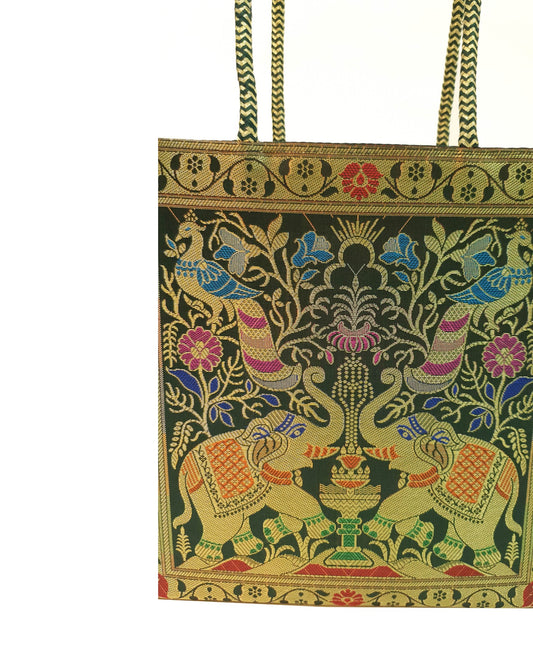 Handbag Ethnic Peacock Elephant Woven Zari Brocade Dark Green Shoulder Hand Bag
