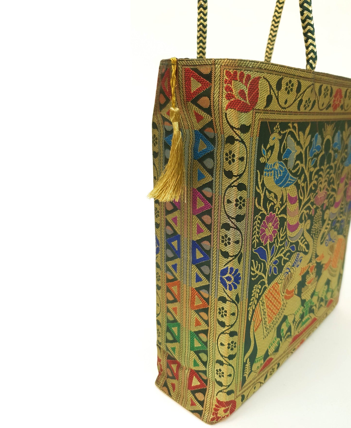 Handbag Ethnic Peacock Elephant Woven Zari Brocade Dark Green Shoulder Hand Bag