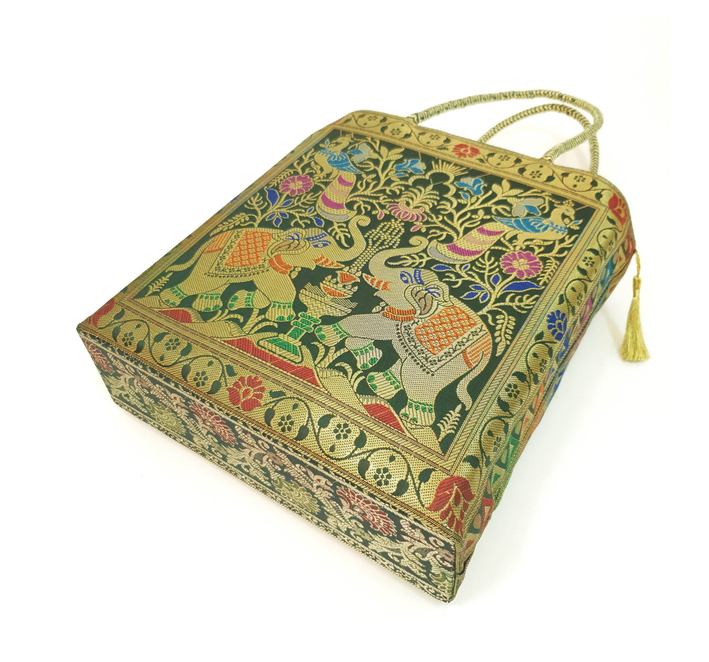 Handbag Ethnic Peacock Elephant Woven Zari Brocade Dark Green Shoulder Hand Bag